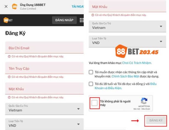 Nhập thông tin đăng ký 88bet 