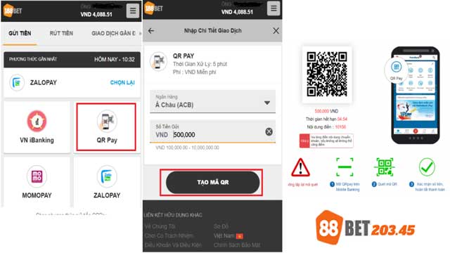 Quy trình thực hiện nạp tiền QR Pay tại 88bet